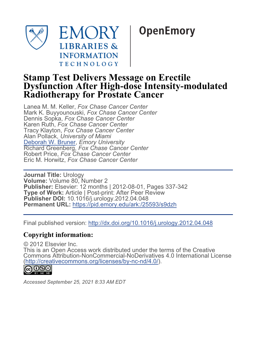 Stamp Test Delivers Message on Erectile Dysfunction After High-Dose Intensity-Modulated Radiotherapy for Prostate Cancer Lanea M