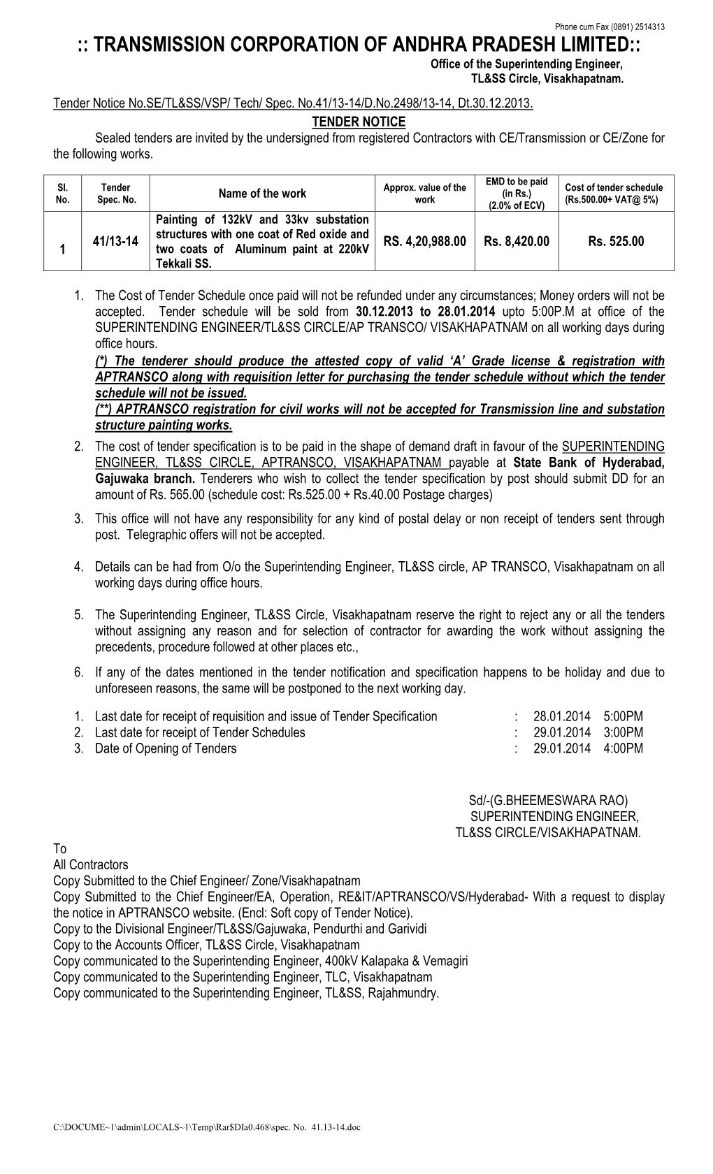 TRANSMISSION CORPORATION of ANDHRA PRADESH LIMITED:: Office of the Superintending Engineer, TL&SS Circle, Visakhapatnam