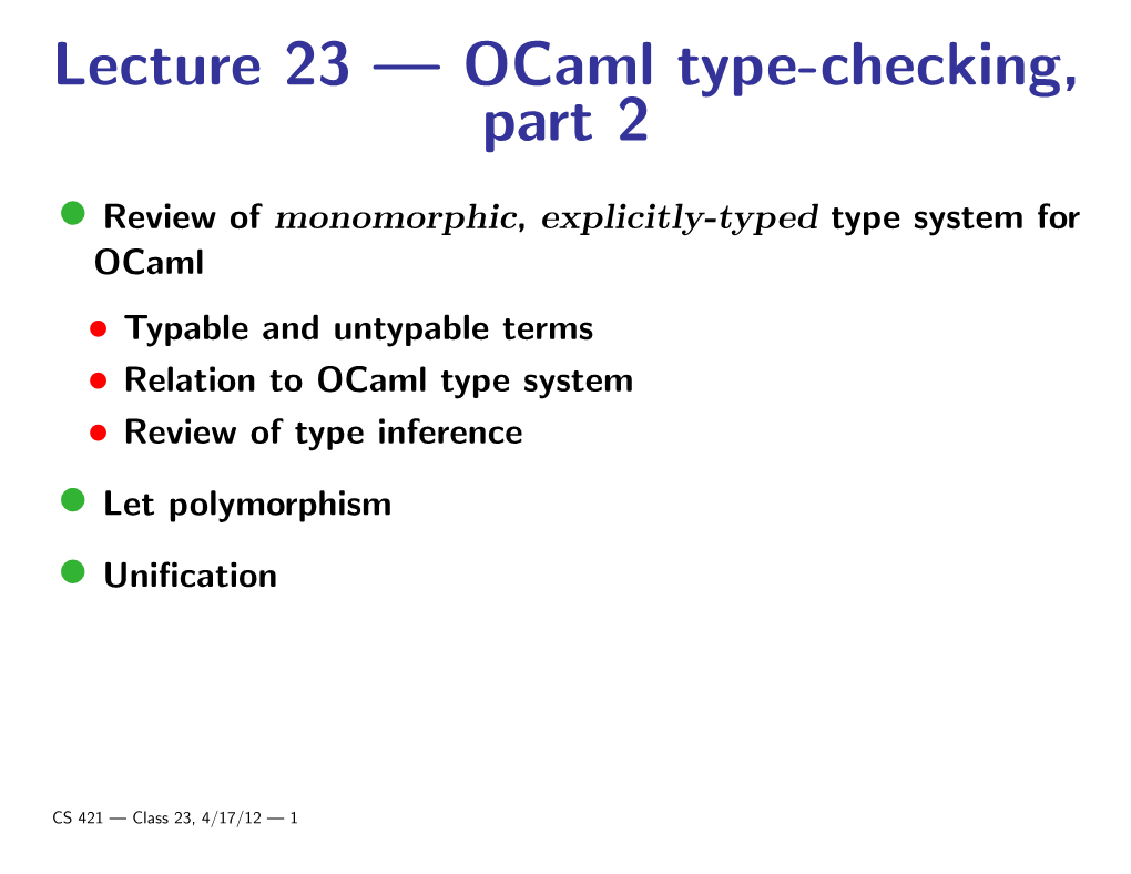 Lecture 23 — Ocaml Type-Checking, Part 2