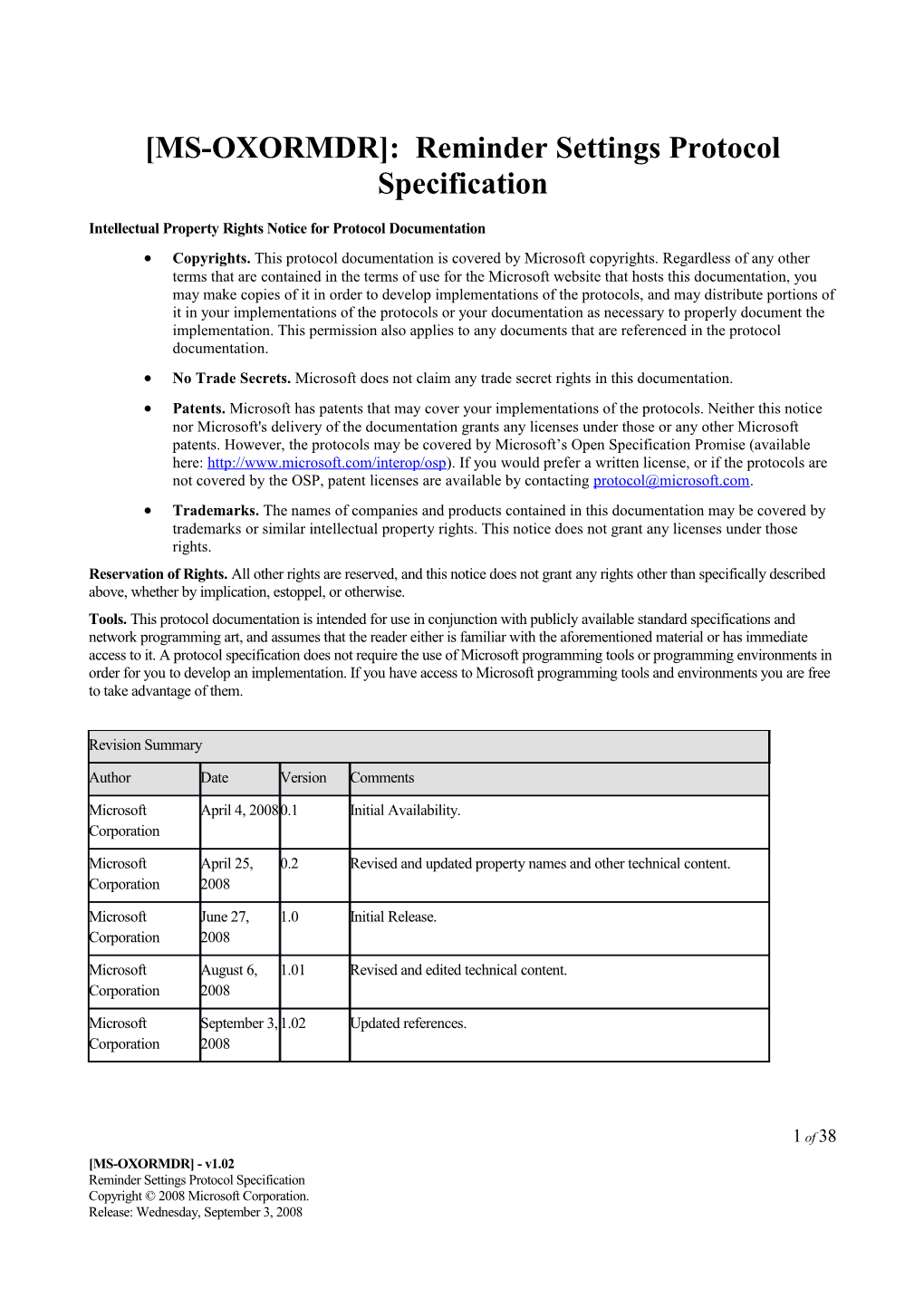 MS-OXORMDR : Reminder Settings Protocol Specification