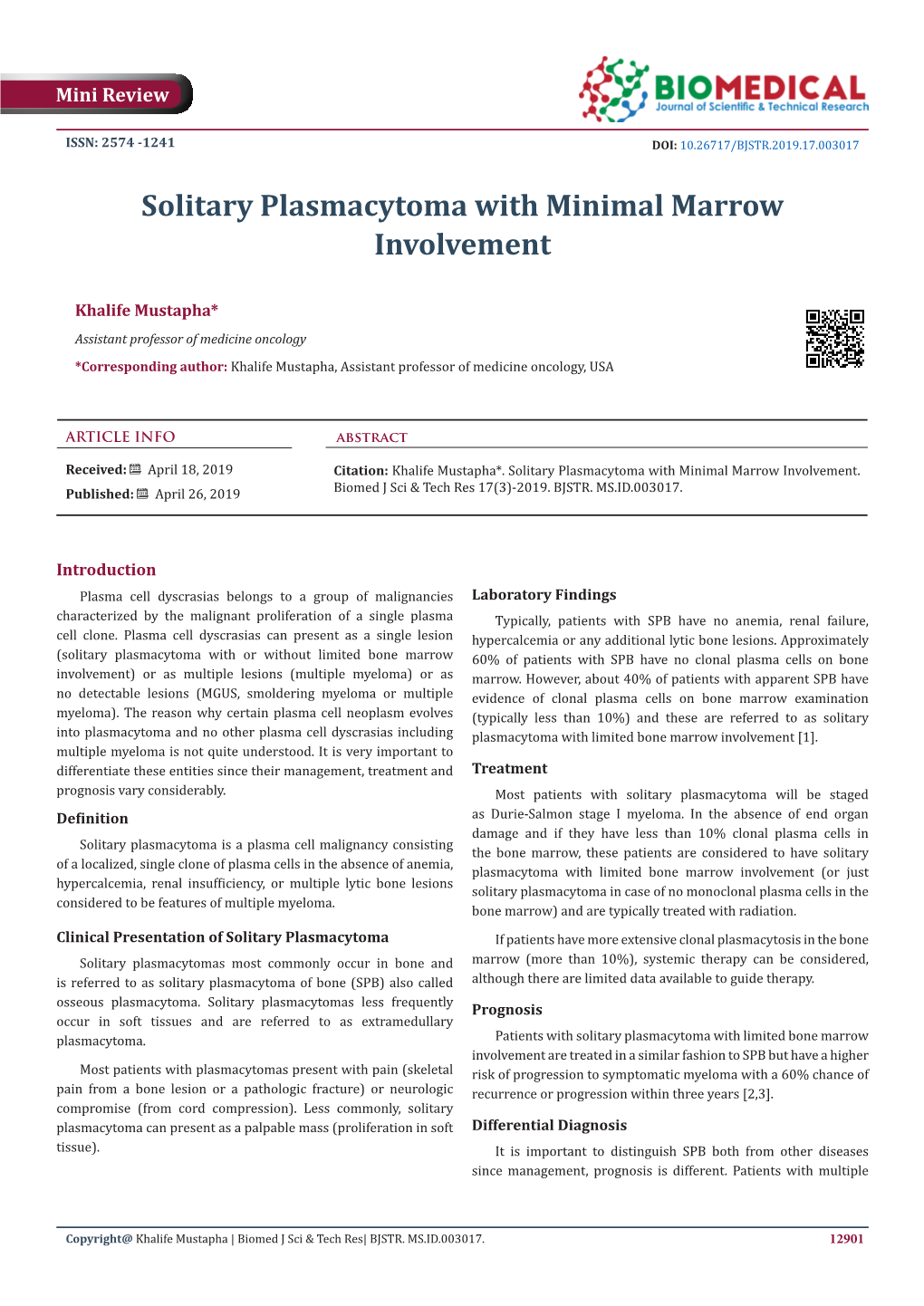 Solitary Plasmacytoma with Minimal Marrow Involvement