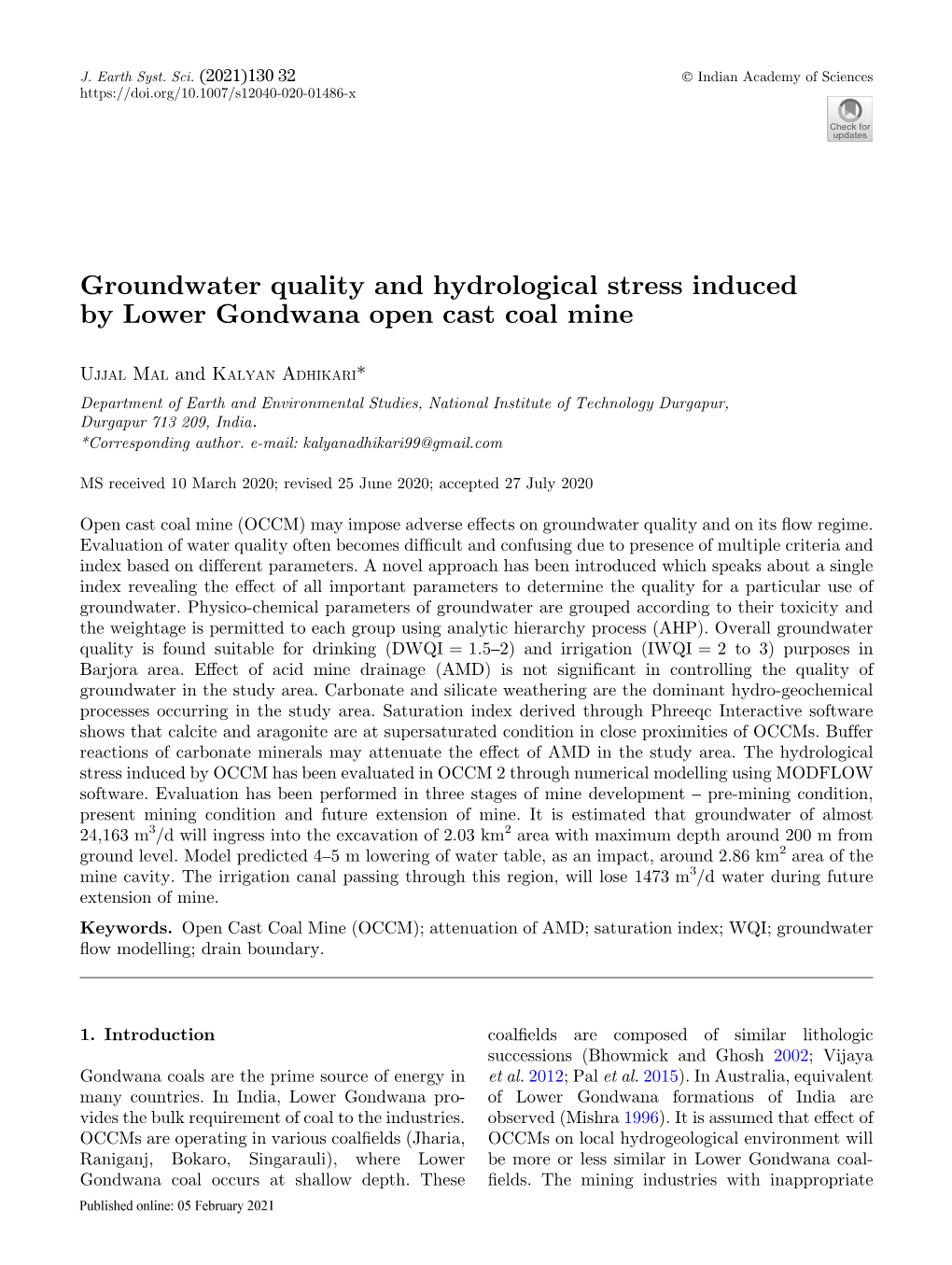 Groundwater Quality and Hydrological Stress Induced by Lower Gondwana Open Cast Coal Mine