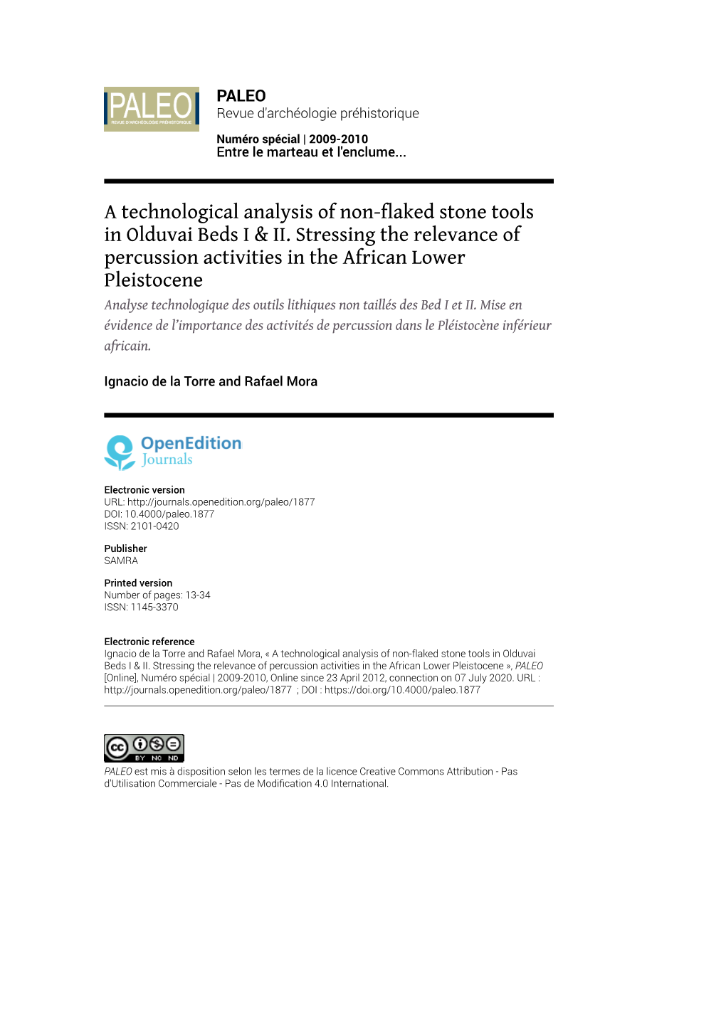 A Technological Analysis of Non-Flaked Stone Tools in Olduvai Beds I & II