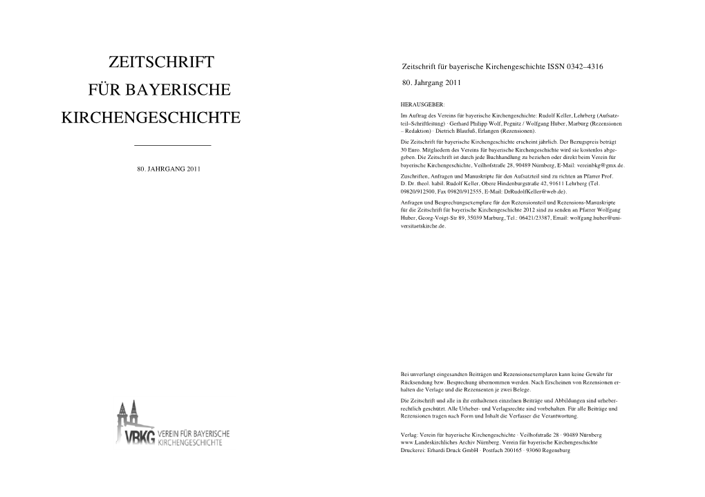 ZEITSCHRIFT! Zeitschrift Für Bayerische Kirchengeschichte ISSN 0342–4316!