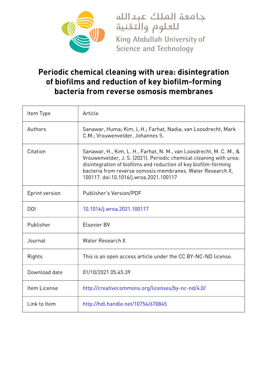Periodic Chemical Cleaning with Urea: Disintegration of Biofilms and Reduction of Key Biofilm-Forming Bacteria from Reverse Osmosis Membranes
