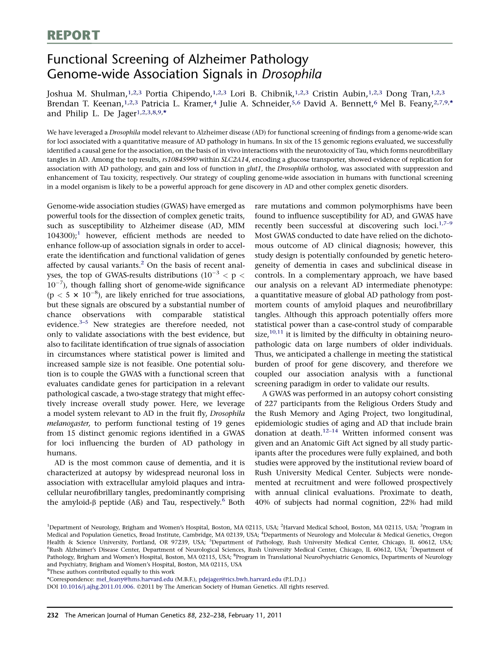 REPORT Functional Screening of Alzheimer Pathology Genome-Wide Association Signals in Drosophila