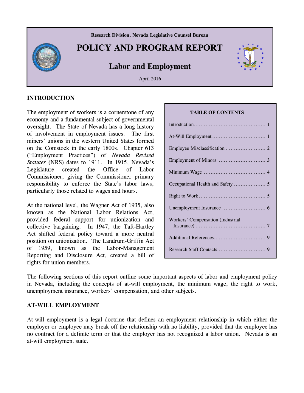 POLICY and PROGRAM REPORT Labor and Employment