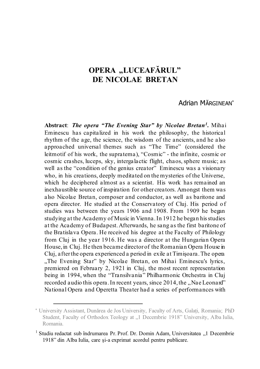 Opera „Luceafărul” De Nicolae Bretan