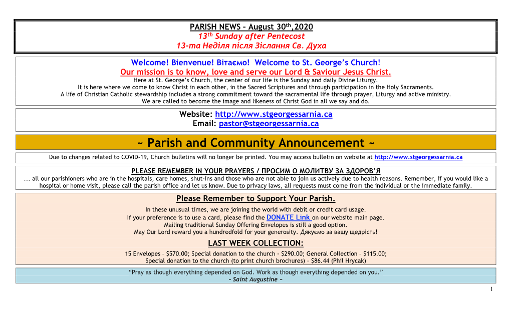 Parish and Community Announcement ~
