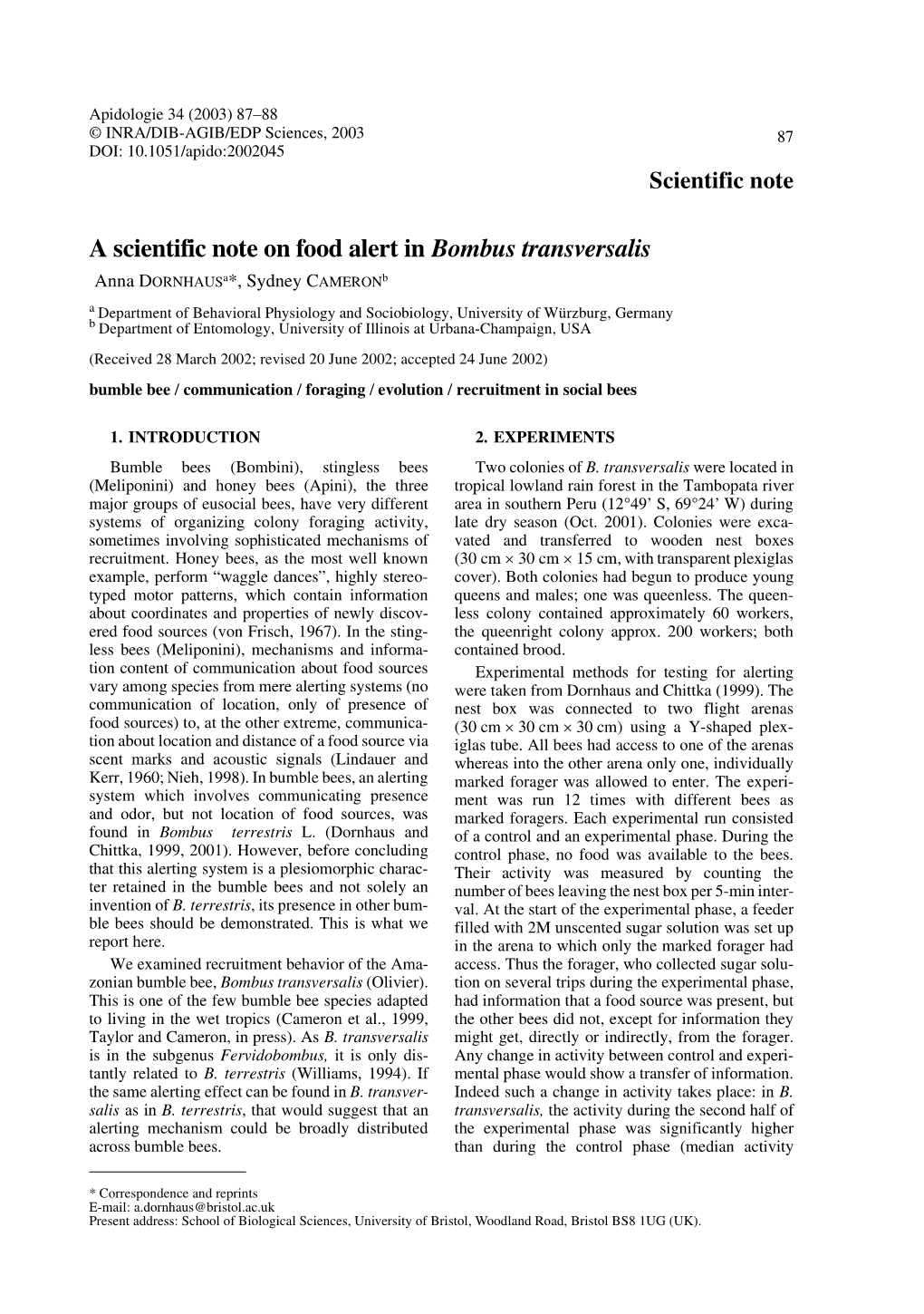 A Scientific Note on Food Alert in Bombus