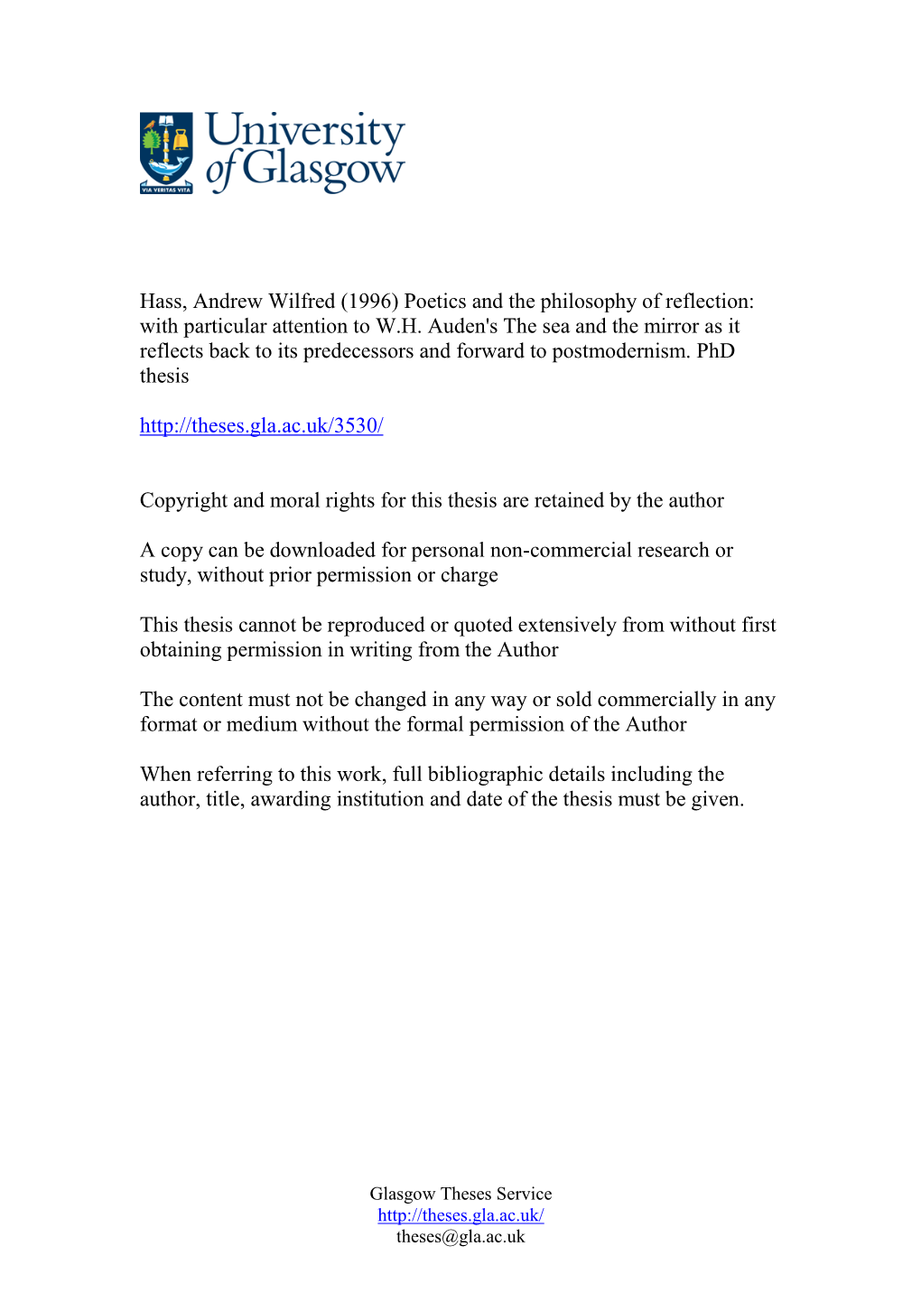 Hass, Andrew Wilfred (1996) Poetics and the Philosophy of Reflection: with Particular Attention to W.H. Auden's the Sea And