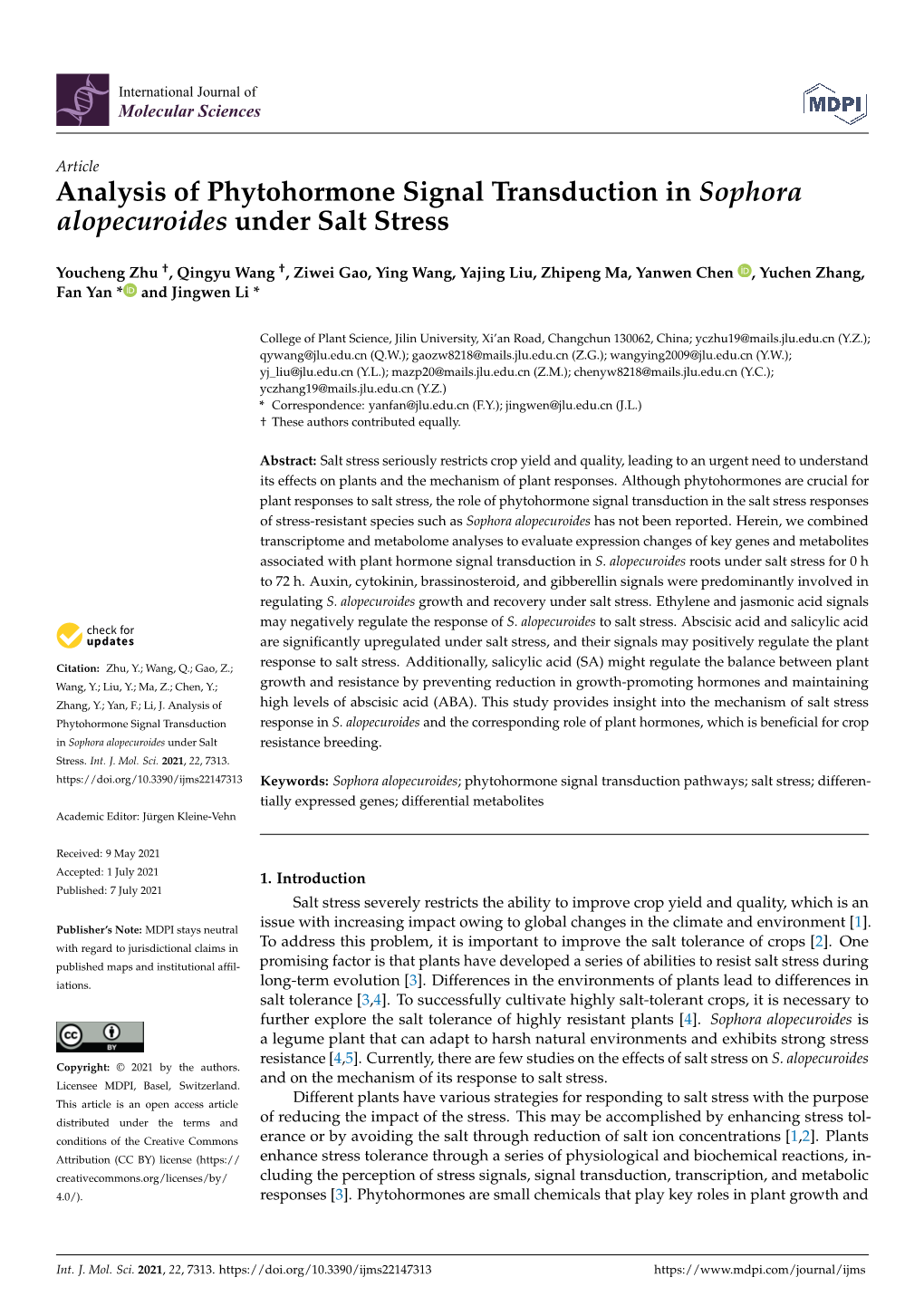 Analysis of Phytohormone Signal Transduction in Sophora Alopecuroides Under Salt Stress