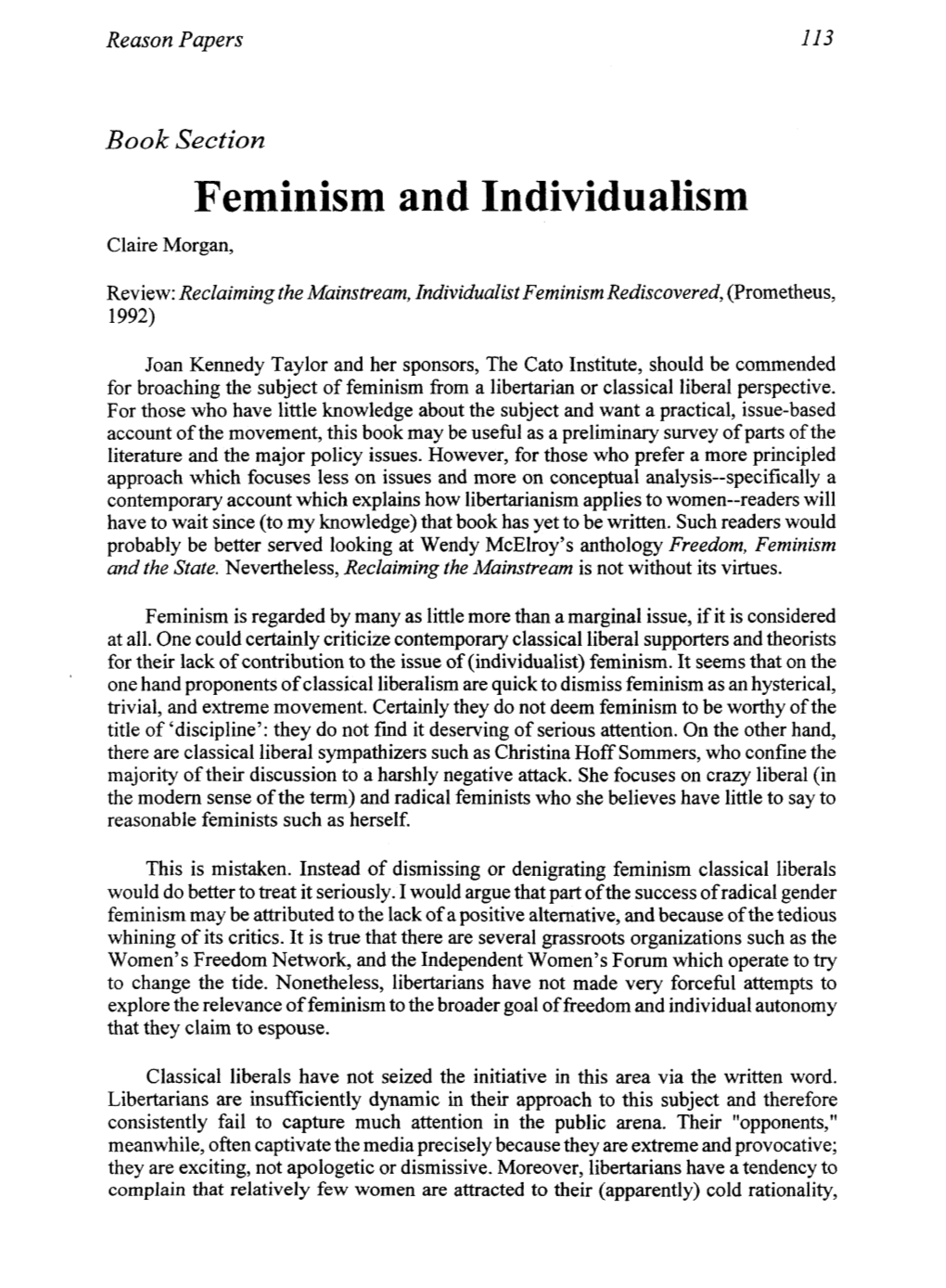 Feminism and Individualism Claire Morgan