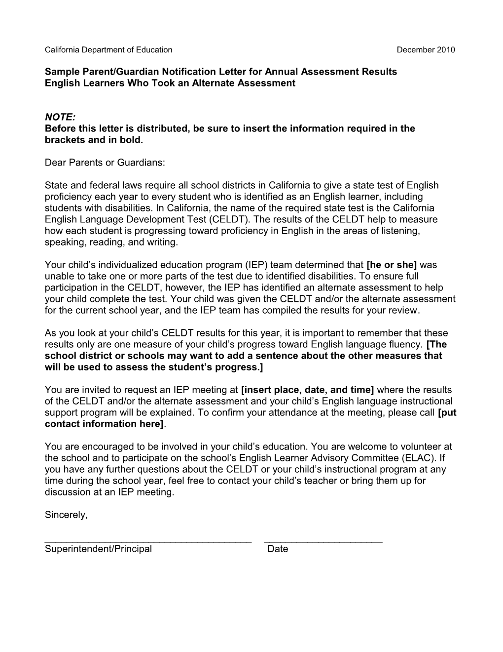 CELDT Parent Letter, Alternative Assessment - CELDT (CA Dept of Education)