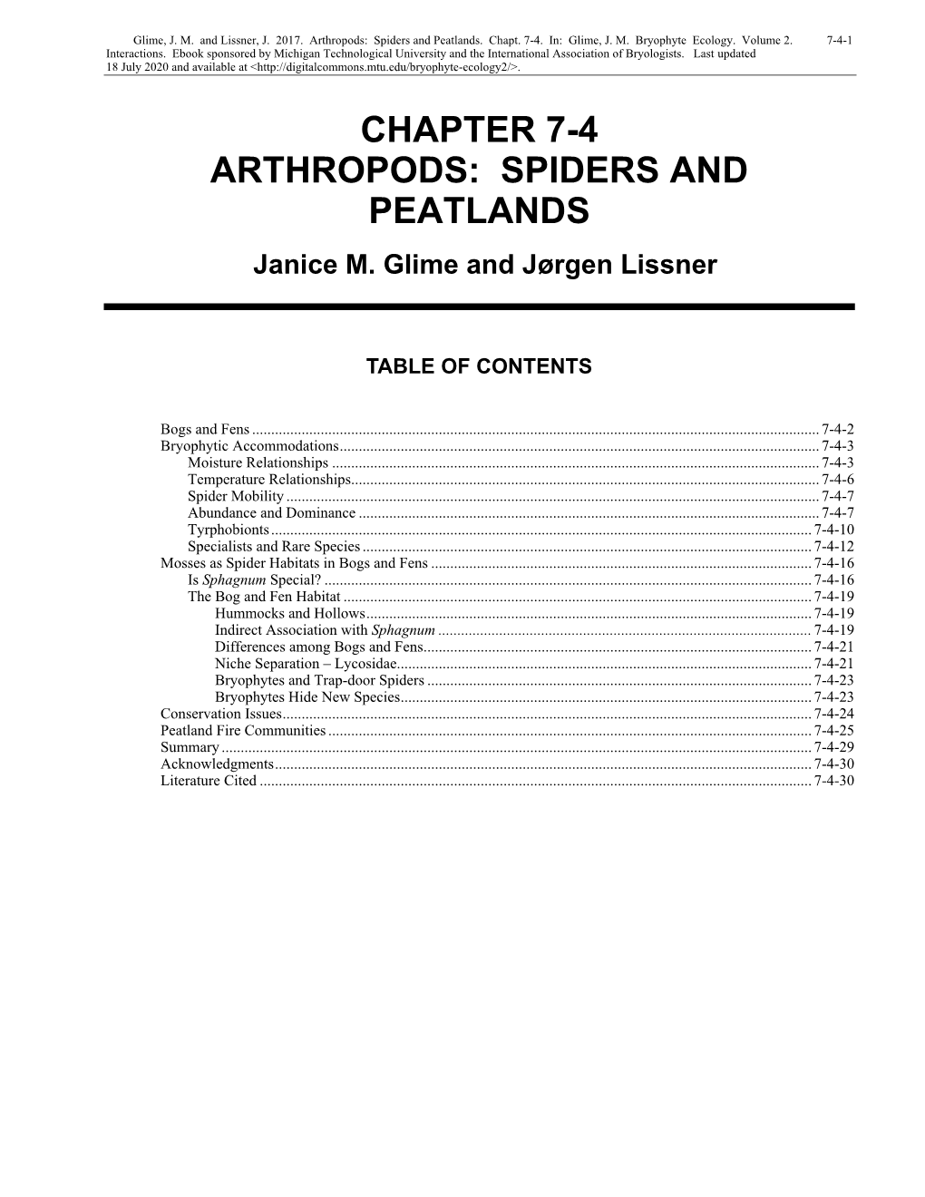 Volume 2, Chapter 7-4 Arthropods: Spiders and Peatlands