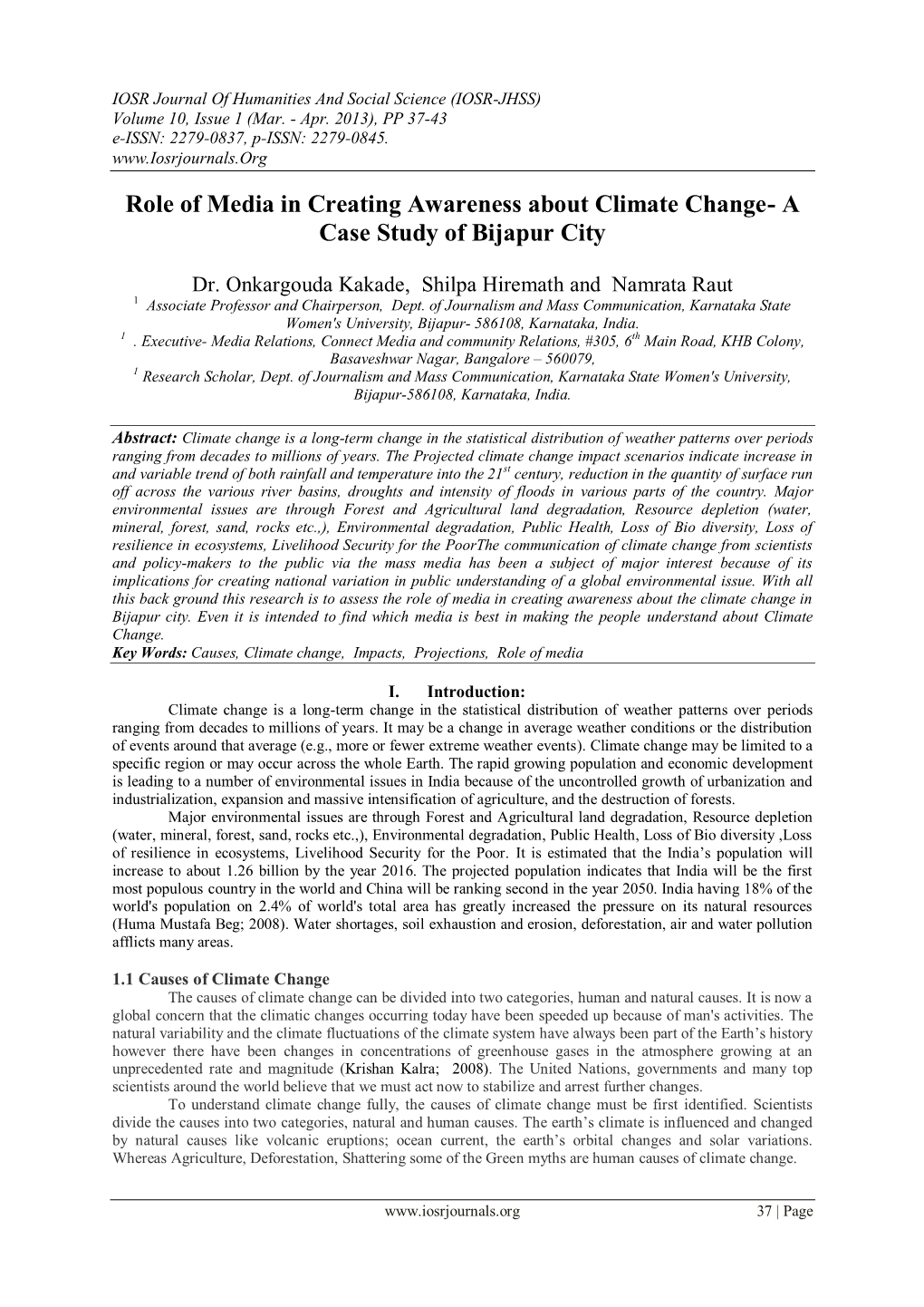 Role of Media in Creating Awareness About Climate Change- a Case Study of Bijapur City