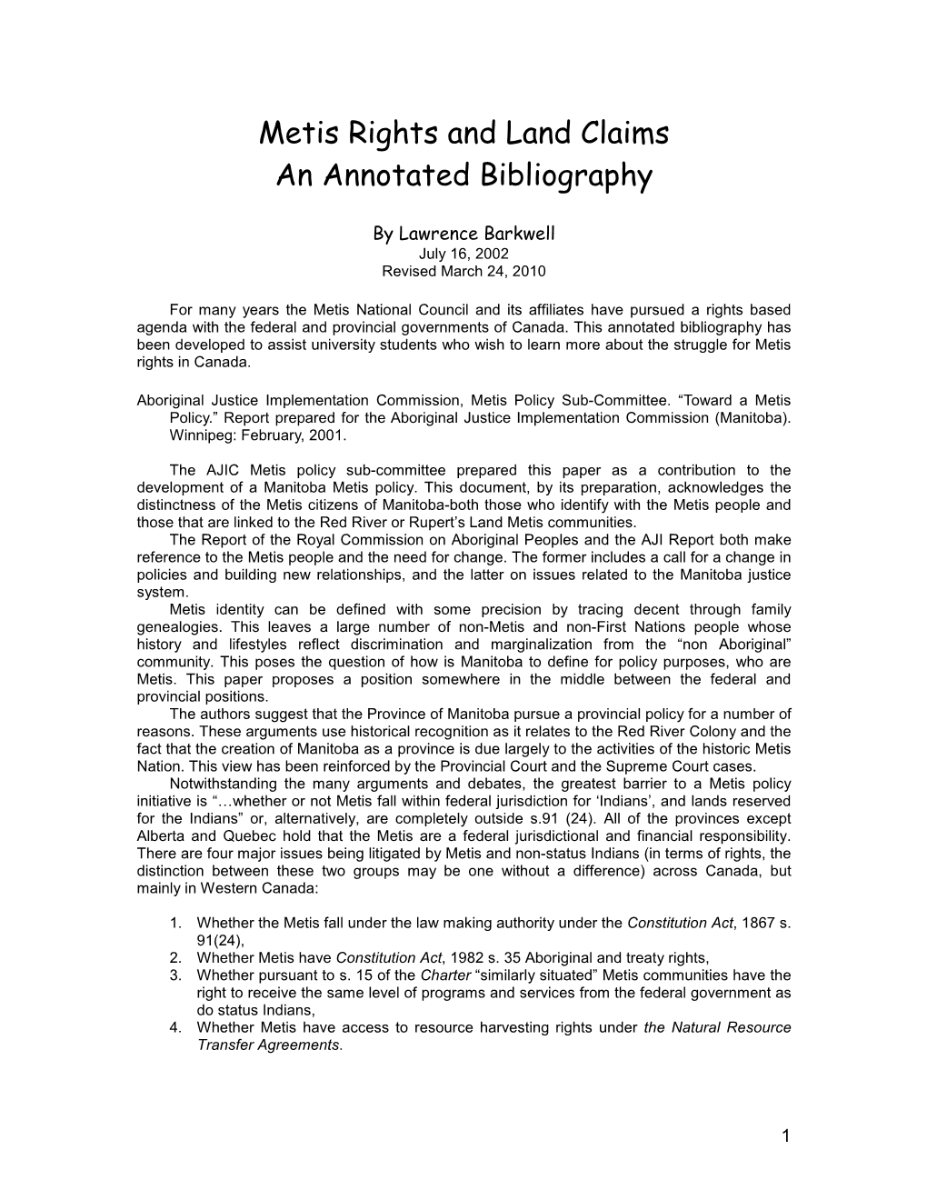 Metis Rights and Land Claims an Annotated Bibliography