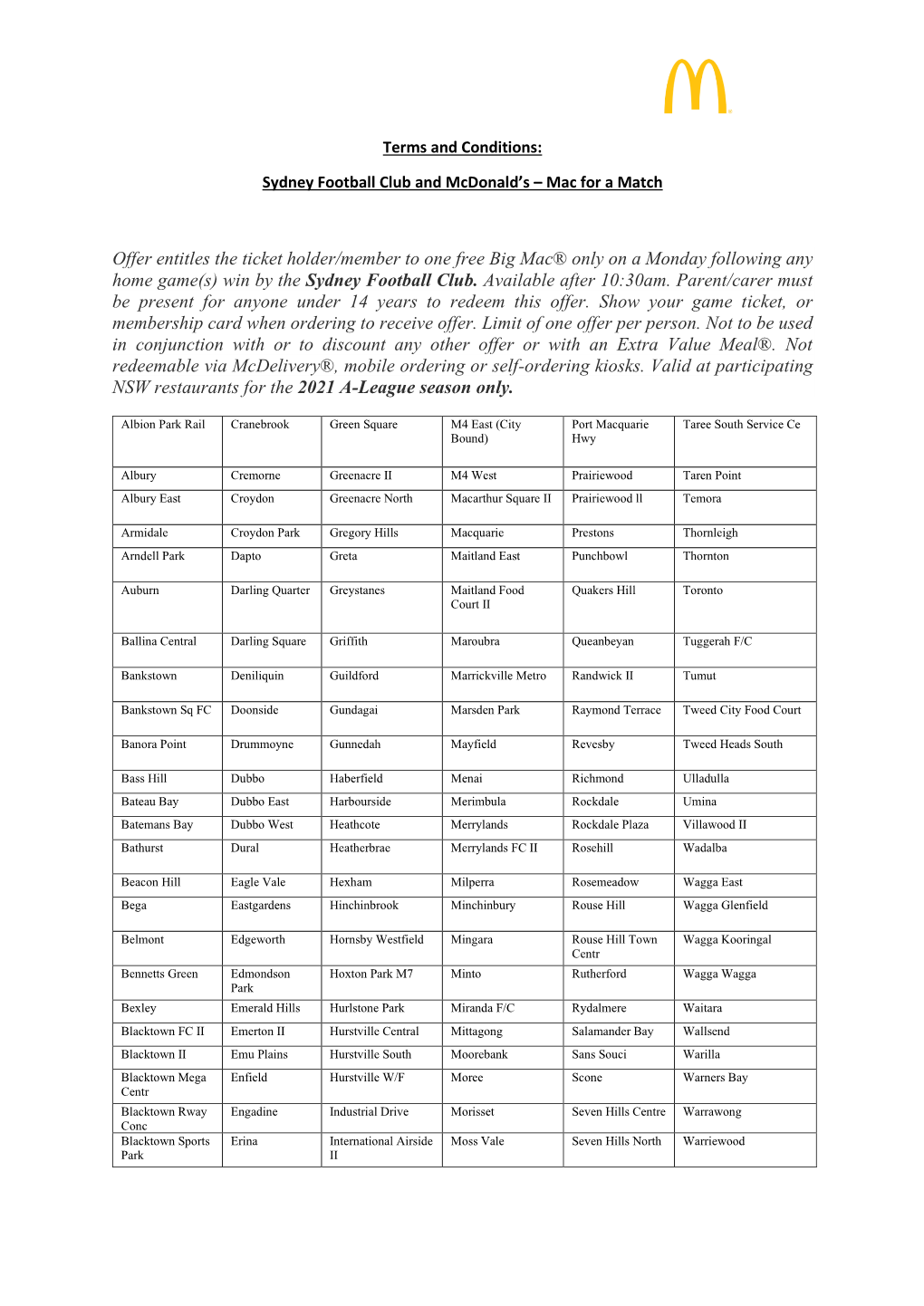 Offer Entitles the Ticket Holder/Member to One Free Big Mac® Only on a Monday Following Any Home Game(S) Win by the Sydney Football Club