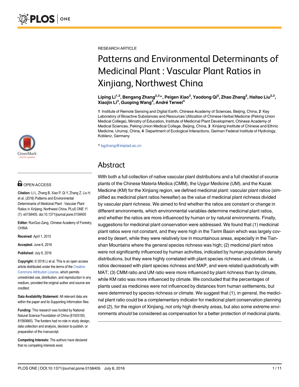 Patterns and Environmental Determinants of Medicinal Plant : Vascular Plant Ratios in Xinjiang, Northwest China