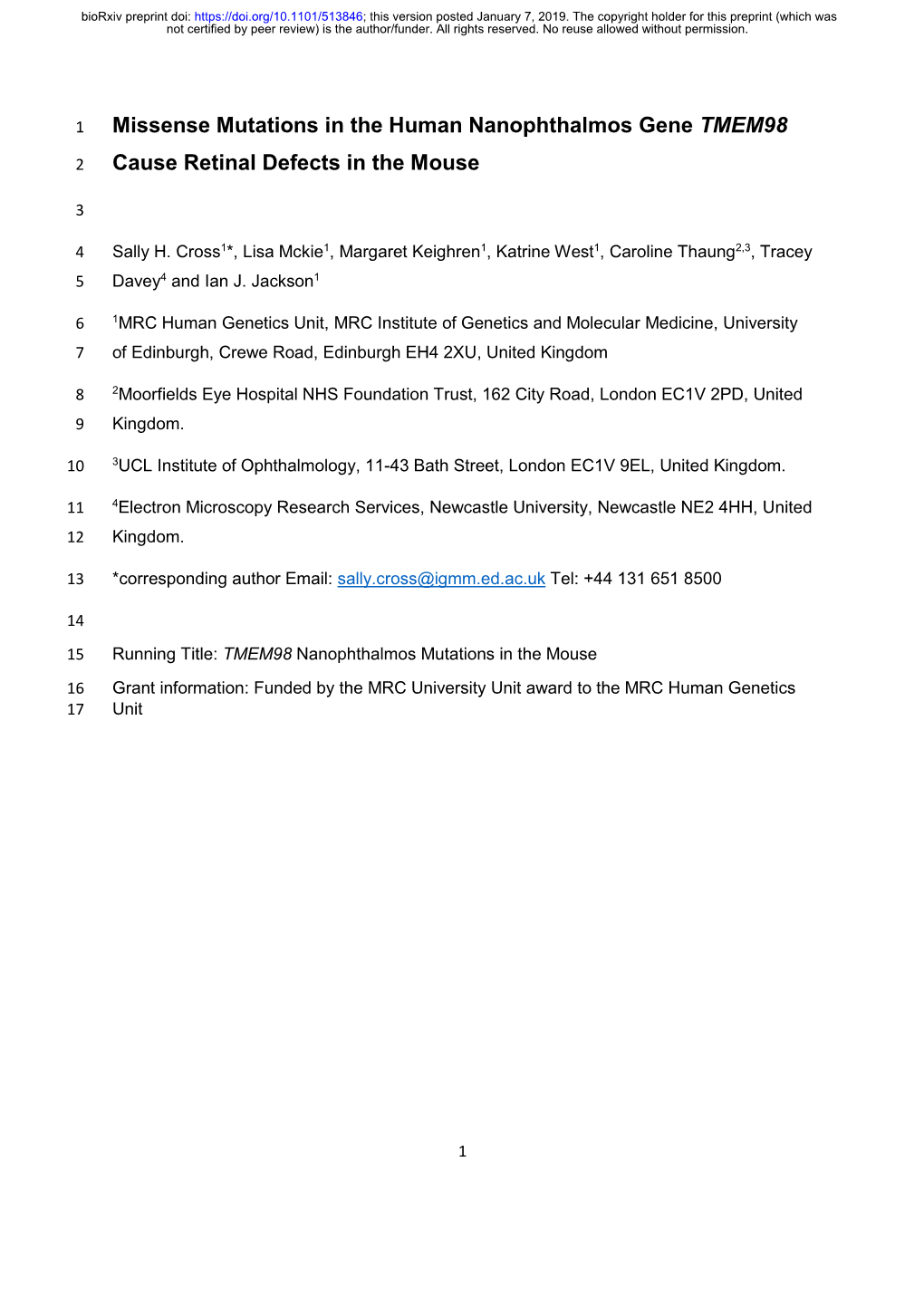 Missense Mutations in the Human Nanophthalmos Gene TMEM98