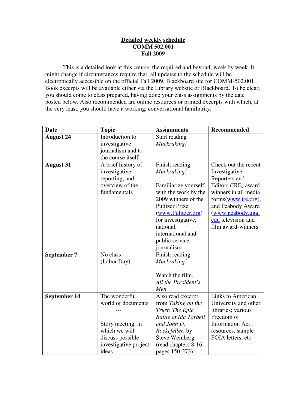 Detailed Weekly Schedule COMM 502.001 Fall 2009 This Is a Detailed