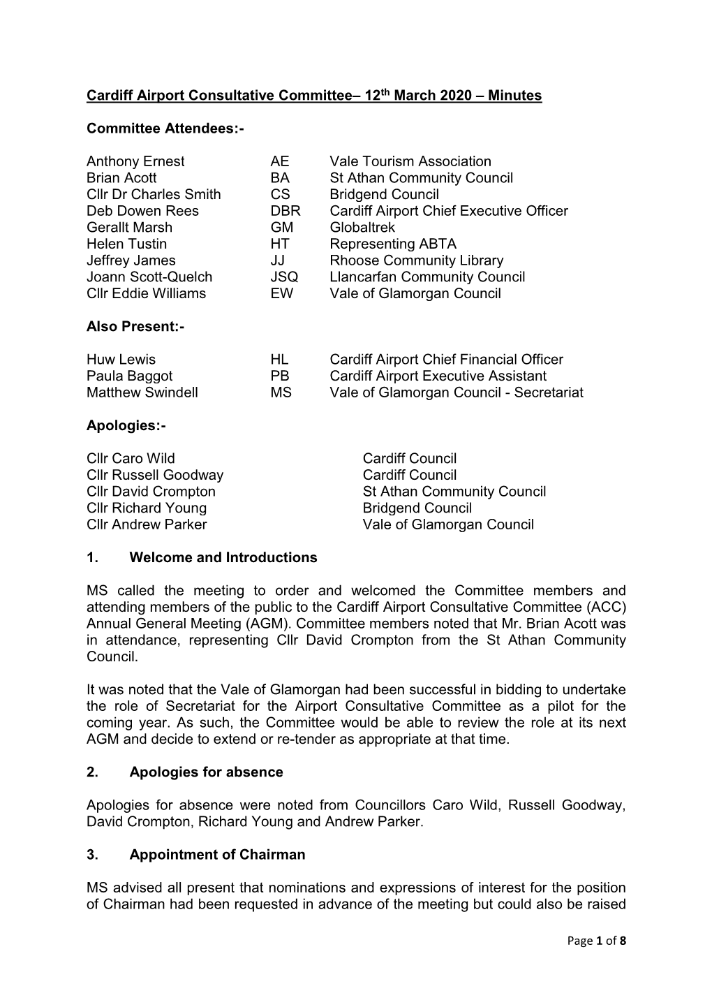 Cardiff Airport Consultative Committee– 12Th March 2020 – Minutes