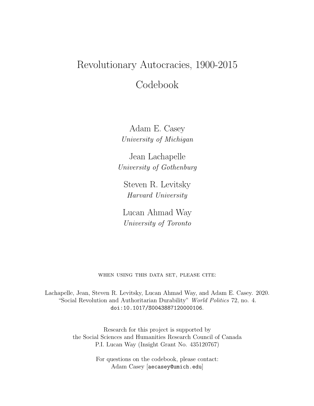 Revolutionary Autocracies, 1900-2015 Codebook