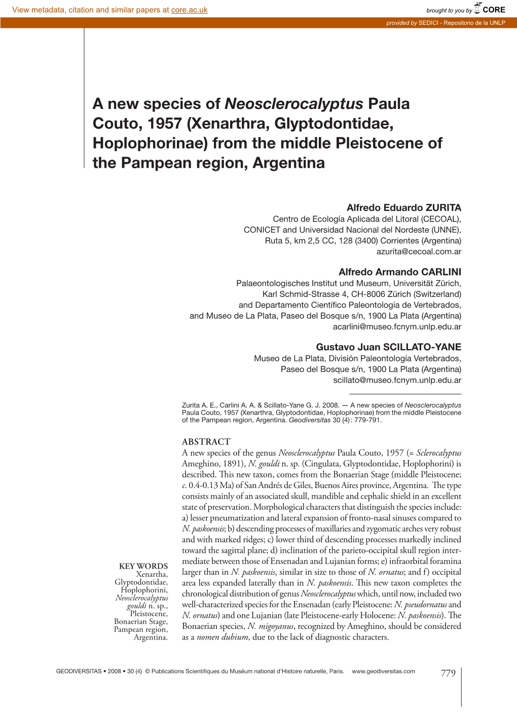 A New Species of Neosclerocalyptus Paula Couto, 1957 (Xenarthra, Glyptodontidae, Hoplophorinae) from the Middle Pleistocene of the Pampean Region, Argentina