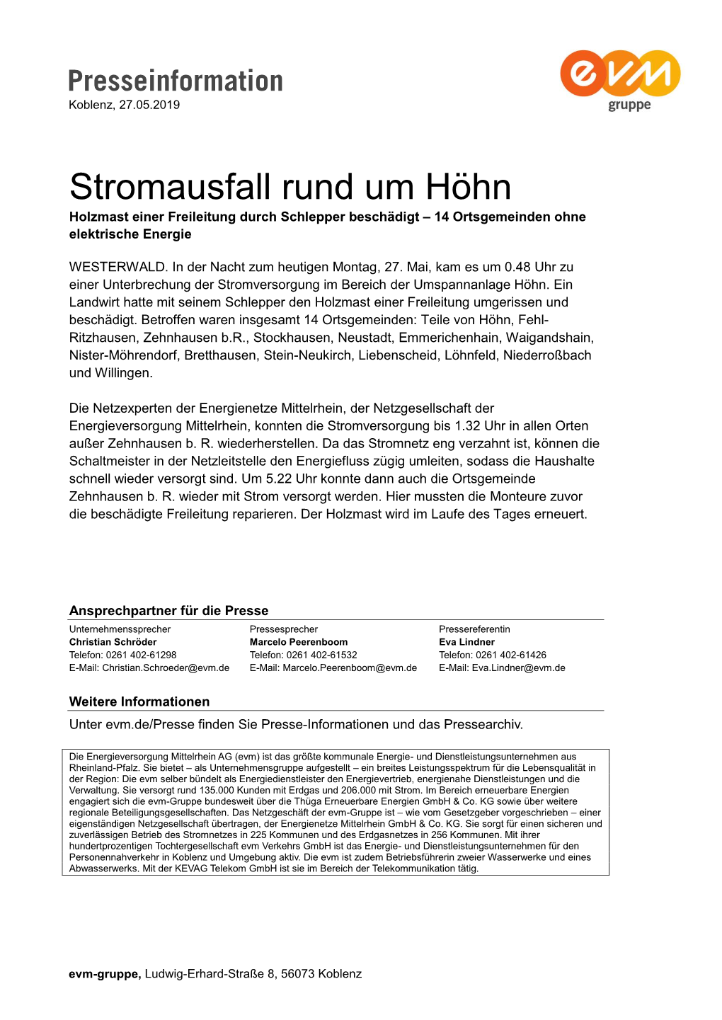 Stromausfall Rund Um Höhn Holzmast Einer Freileitung Durch Schlepper Beschädigt – 14 Ortsgemeinden Ohne Elektrische Energie