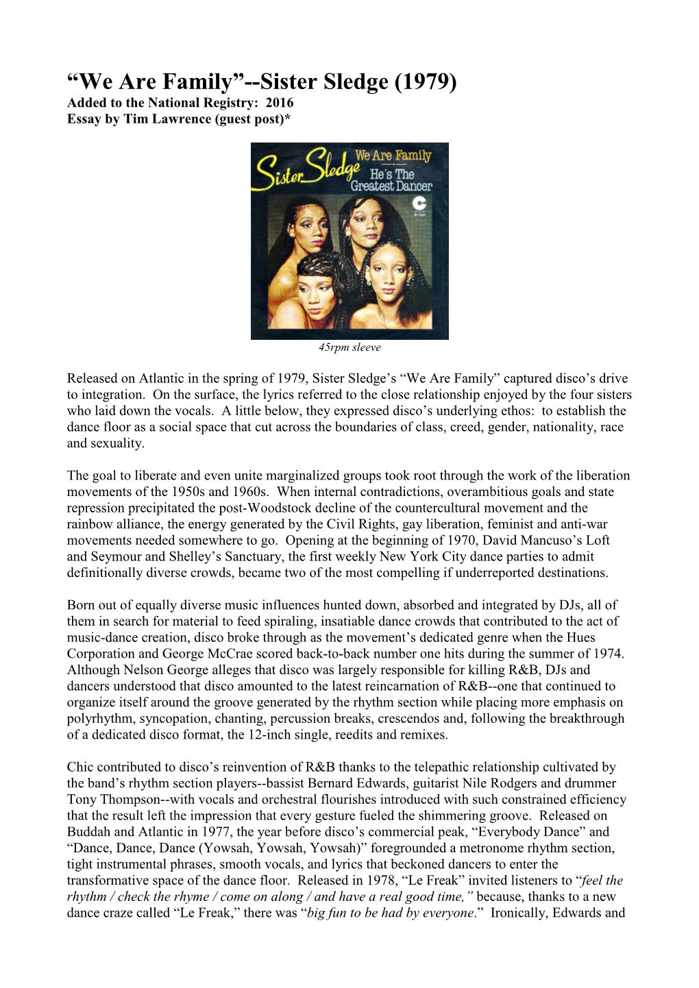 We Are Family”--Sister Sledge (1979) Added to the National Registry: 2016 Essay by Tim Lawrence (Guest Post)*