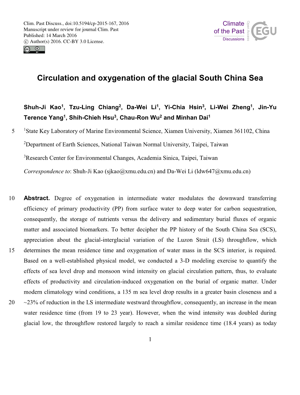 Circulation and Oxygenation of the Glacial South China Sea