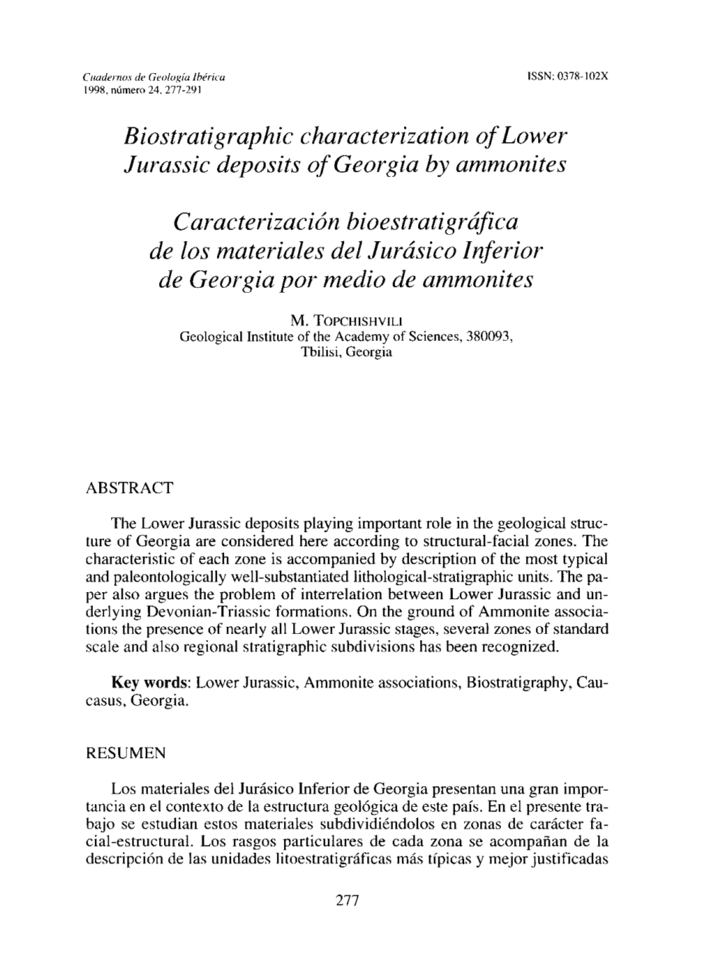 Biostratigraphic Characterization Oflower Jurassic Deposits of Georgia by Ammonites