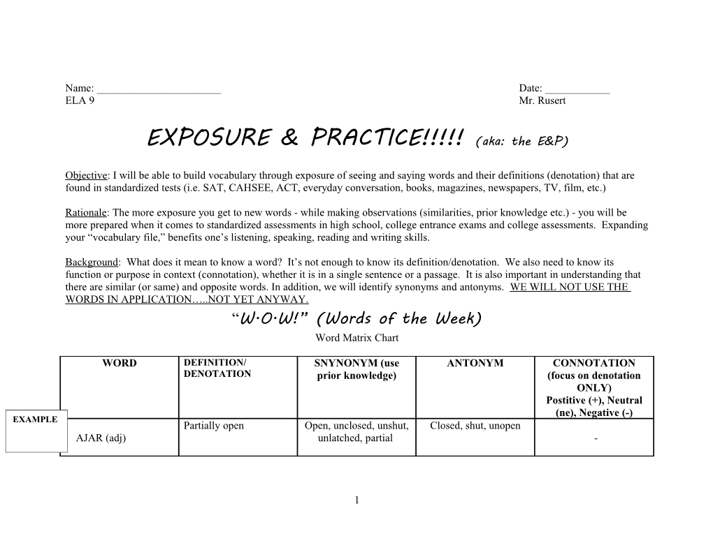 EXPOSURE & PRACTICE (Aka: the E&P)