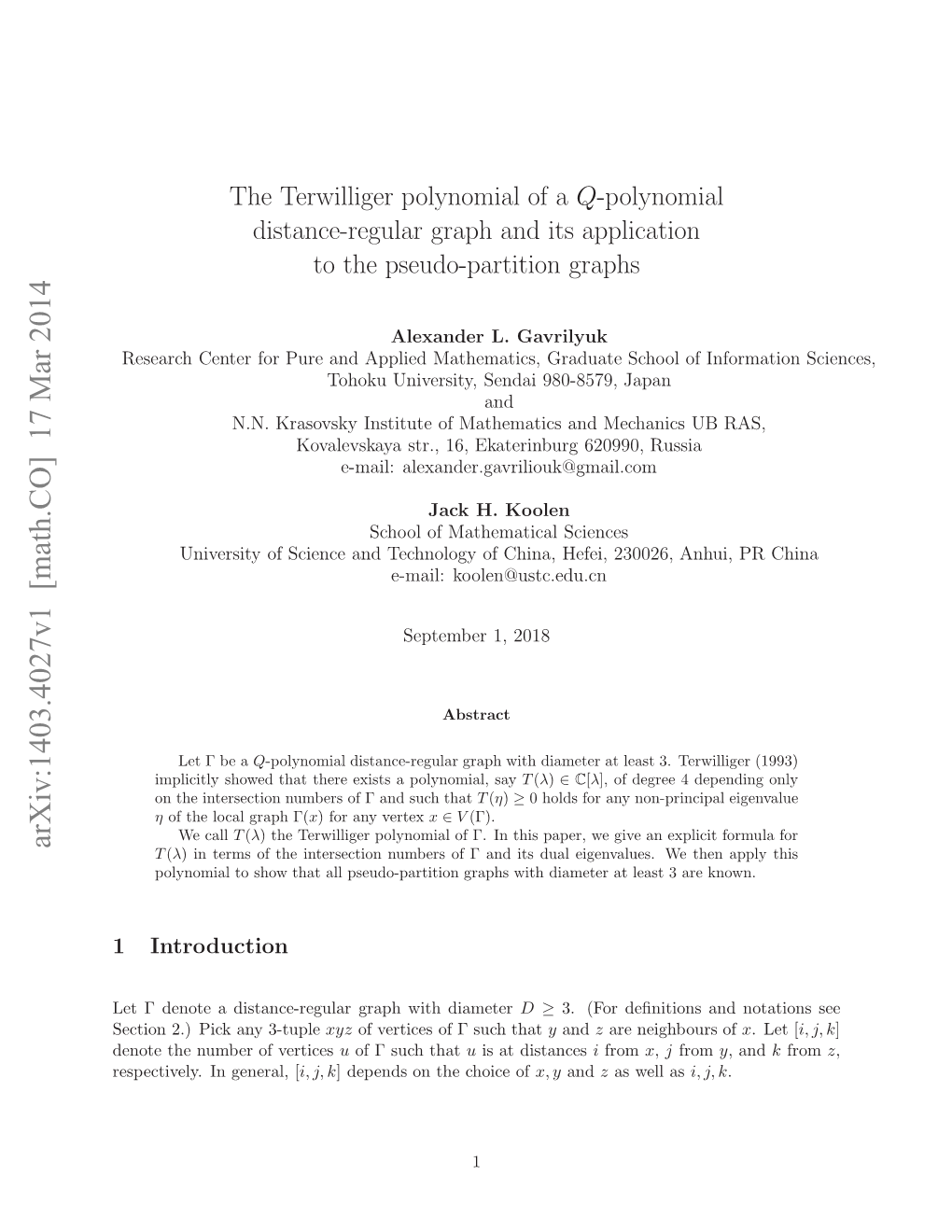 Arxiv:1403.4027V1 [Math.CO] 17 Mar 2014 E Eoeadsac-Eua Rp Ihdiameter with Graph Distance-Regular a Denote Γ Let Introduction 1 Epciey Ngnrl [ General, in Respectively