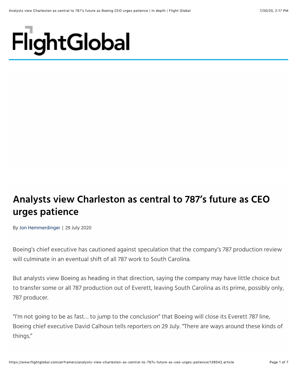 Analysts View Charleston As Central to 787'S Future As Boeing CEO Urges