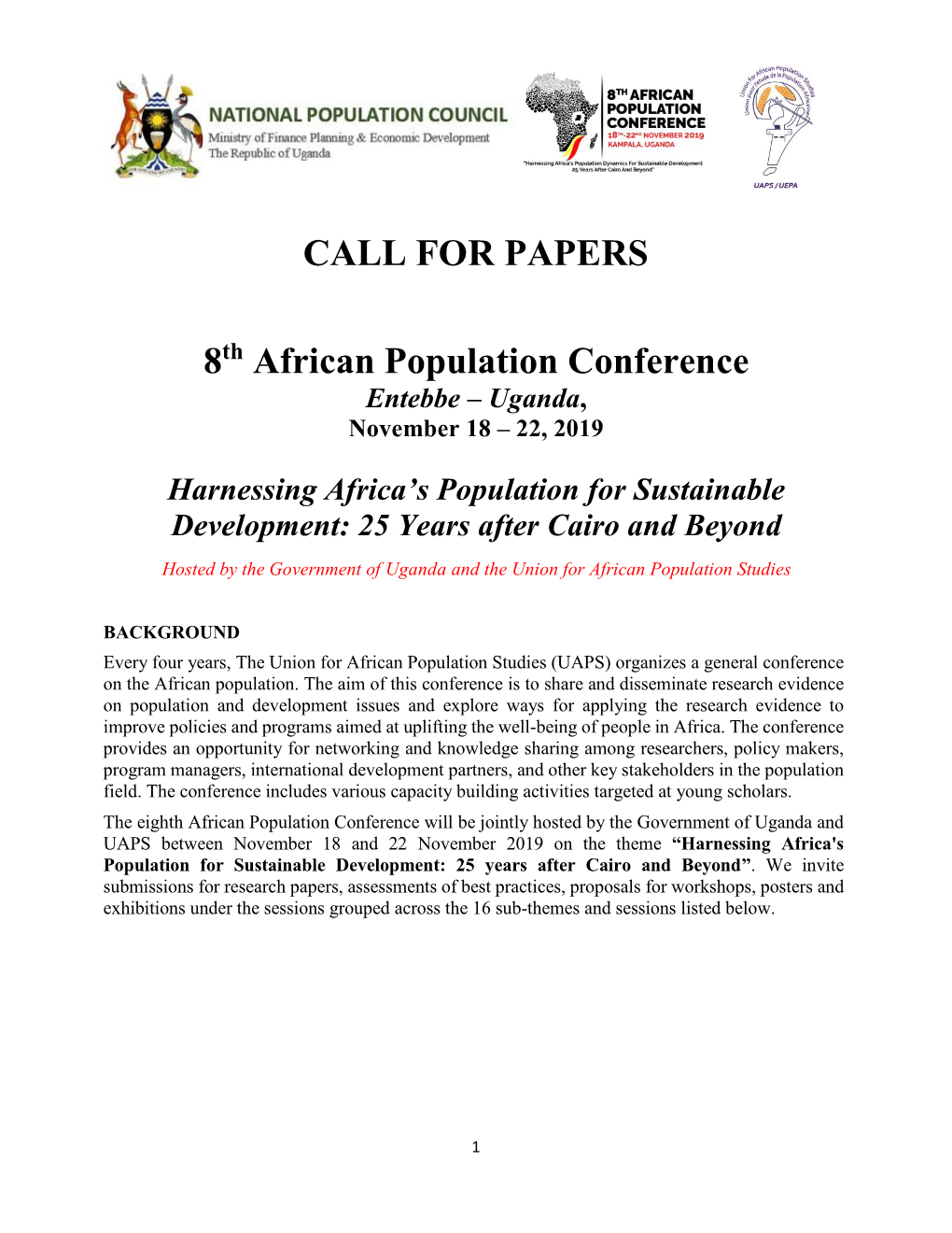 CALL for PAPERS 8 African Population Conference