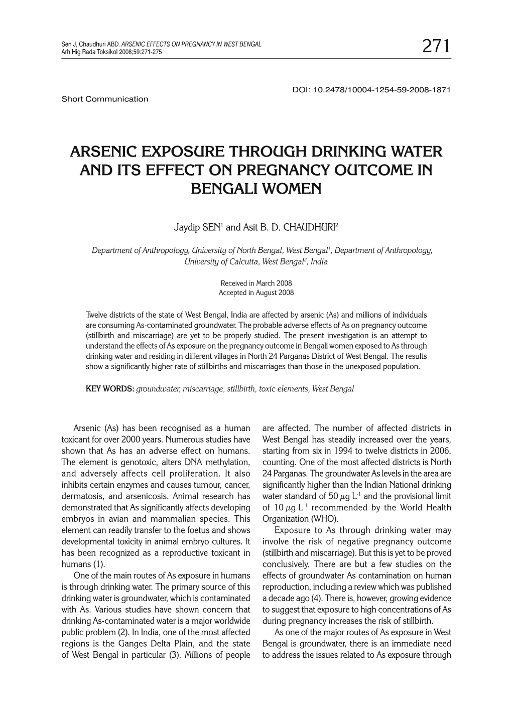 Arsenic Exposure Through Drinking Water and Its Effect on Pregnancy Outcome in Bengali Women