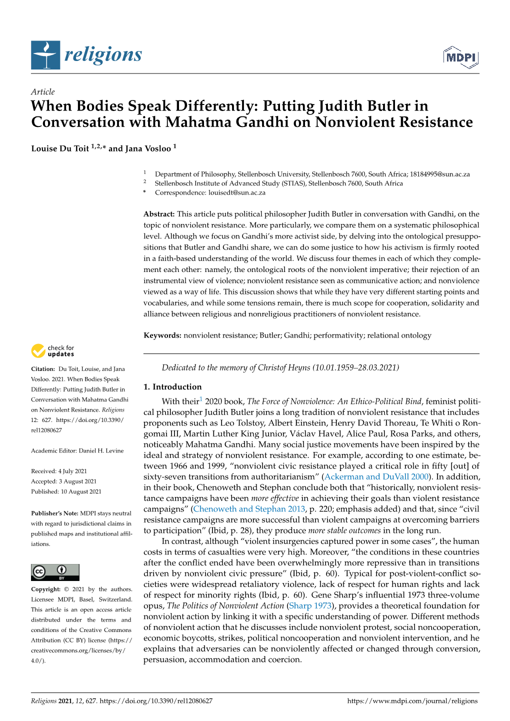 Putting Judith Butler in Conversation with Mahatma Gandhi on Nonviolent Resistance