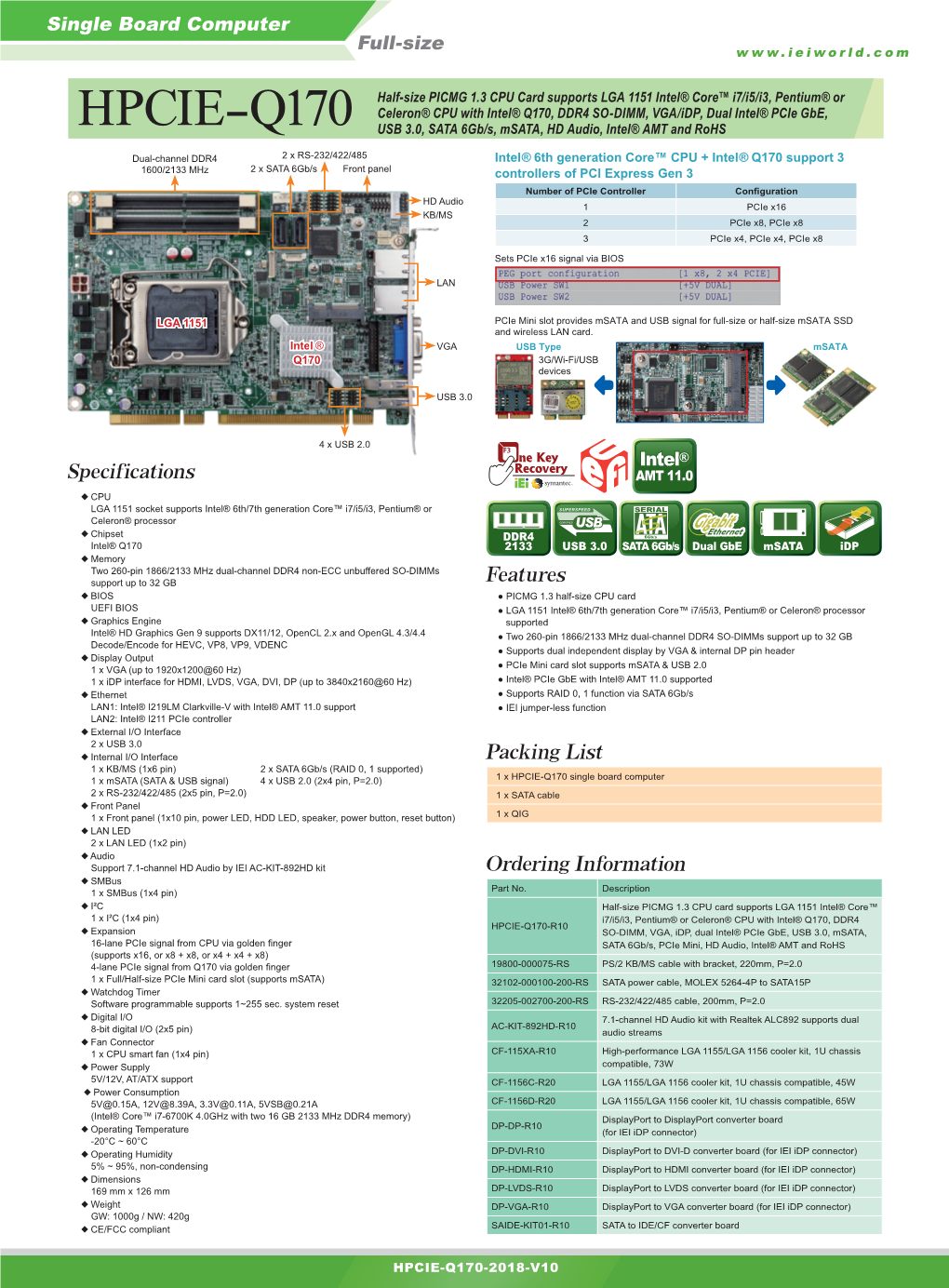 HPCIE-Q170 USB 3.0, SATA 6Gb/S, Msata, HD Audio, Intel® AMT and Rohs