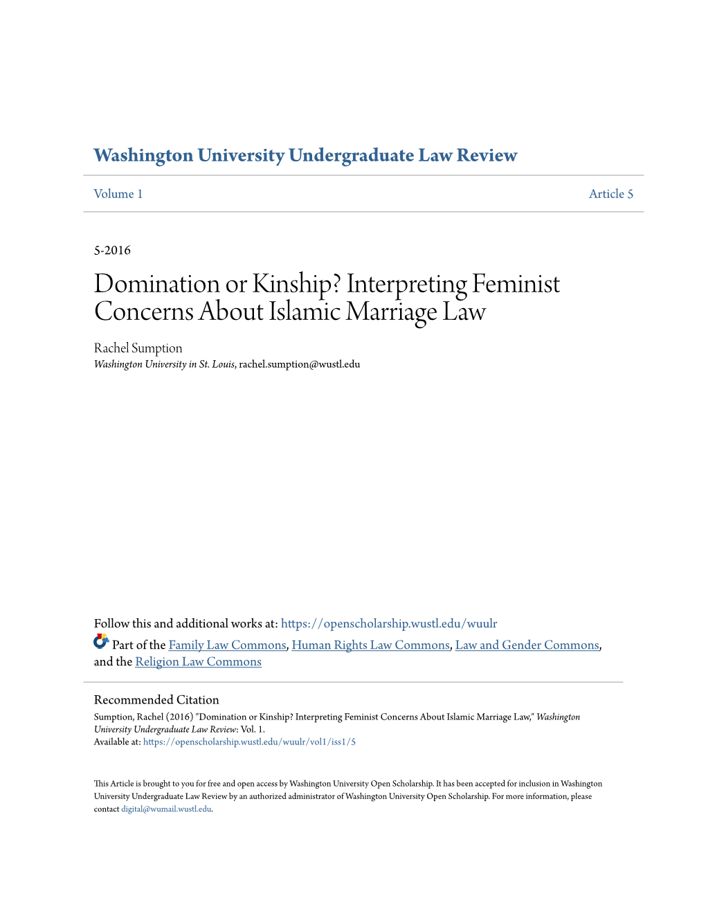 Interpreting Feminist Concerns About Islamic Marriage Law Rachel Sumption Washington University in St