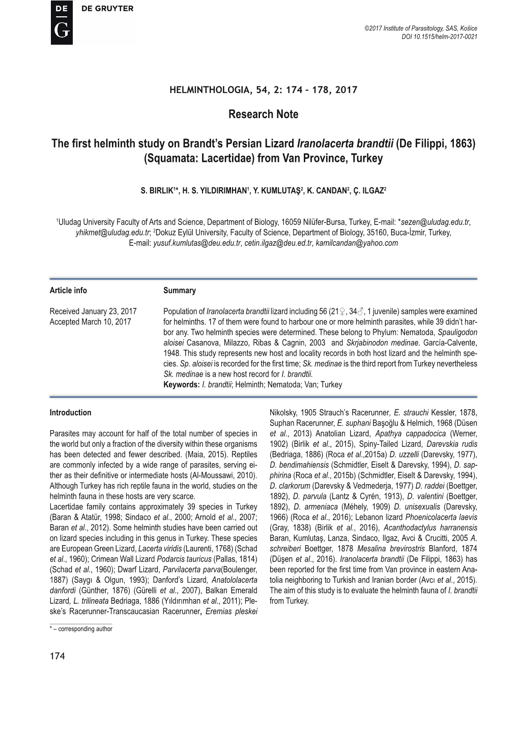 Research Note the First Helminth Study on Brandt's Persian