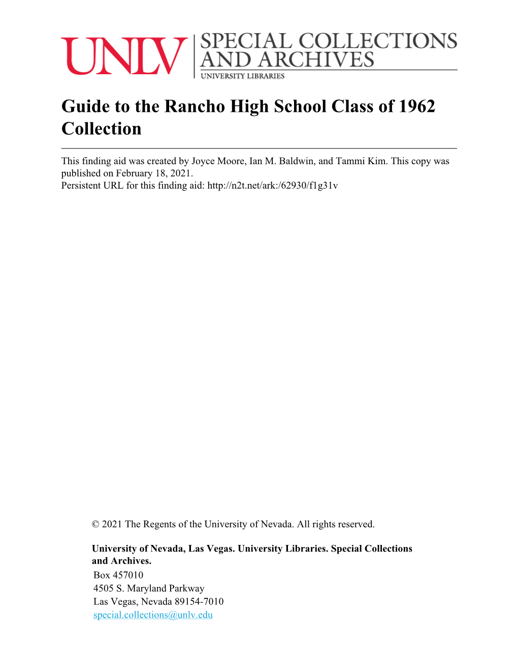 Guide to the Rancho High School Class of 1962 Collection