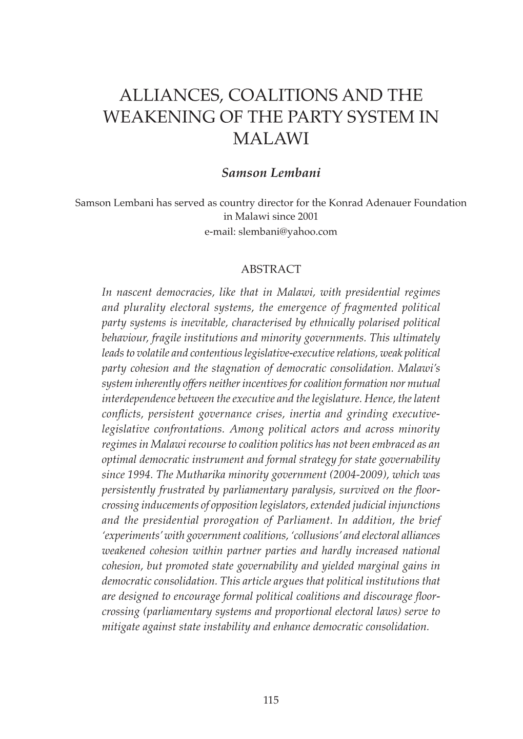 Alliances, Coalitions and the Weakening of the Party System in Malawi