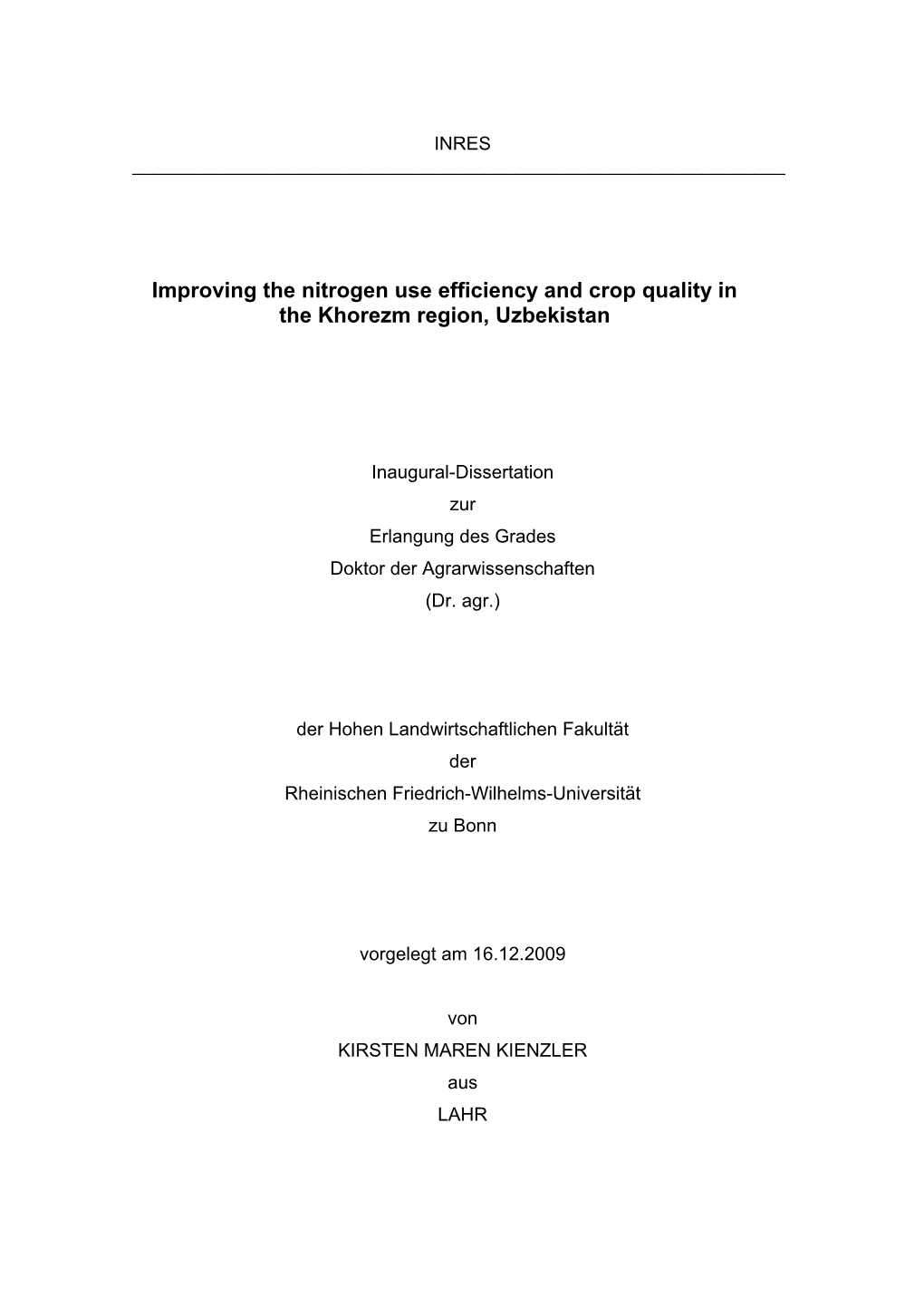 Improving the Nitrogen Use Efficiency and Crop Quality in the Khorezm Region, Uzbekistan