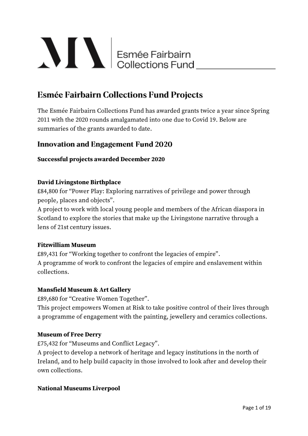 The Esmée Fairbairn Collections Fund Has Awarded Grants Twice a Year Since Spring 2011 with the 2020 Rounds Amalgamated Into One Due to Covid 19