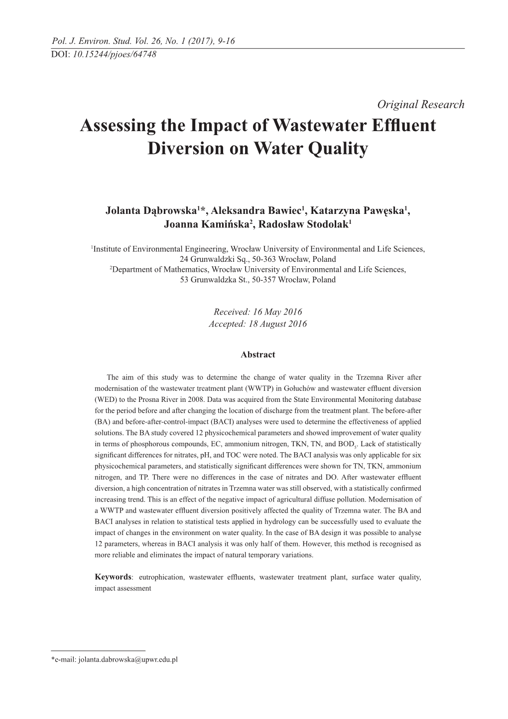 Assessing the Impact of Wastewater Effluent Diversion on Water Quality