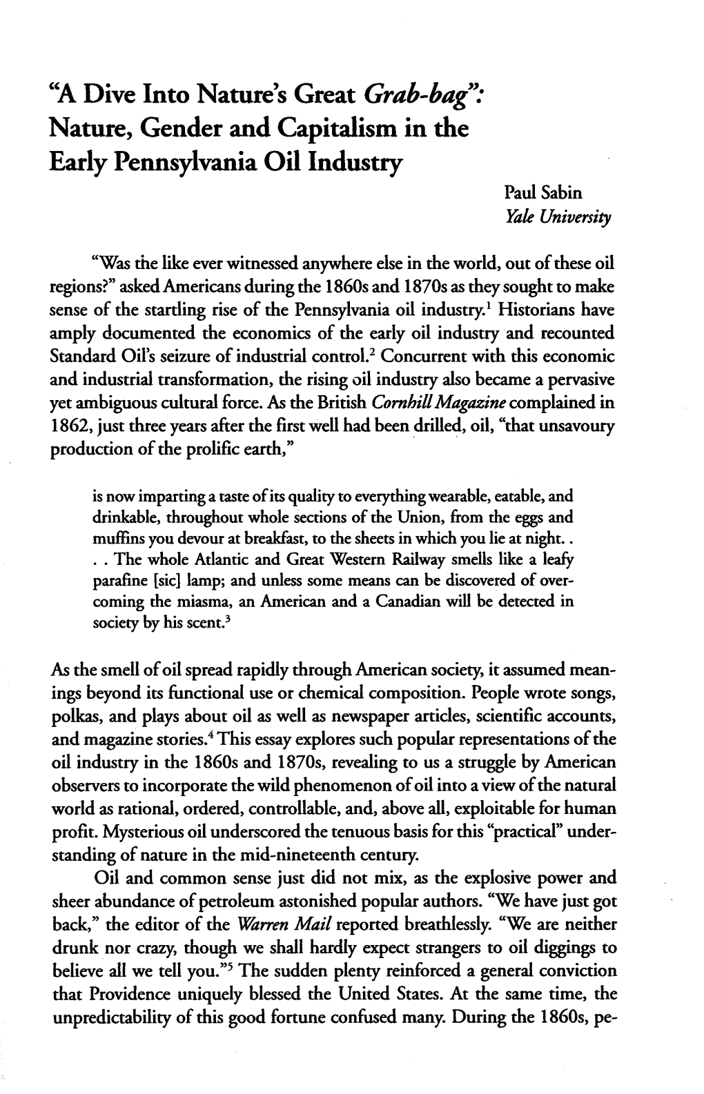 Nature, Gender and Capitalism in the Early Pennsylvania Oil Industry Paul Sabin Yak University