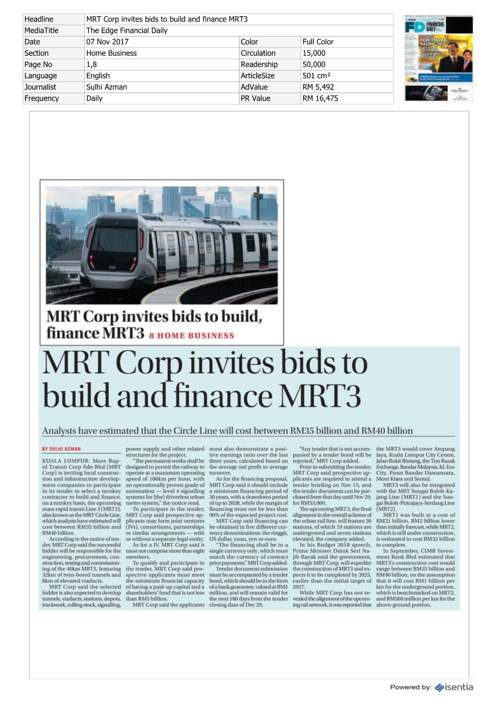 MRT Corp Invites Bids to Build and Finance MRT3
