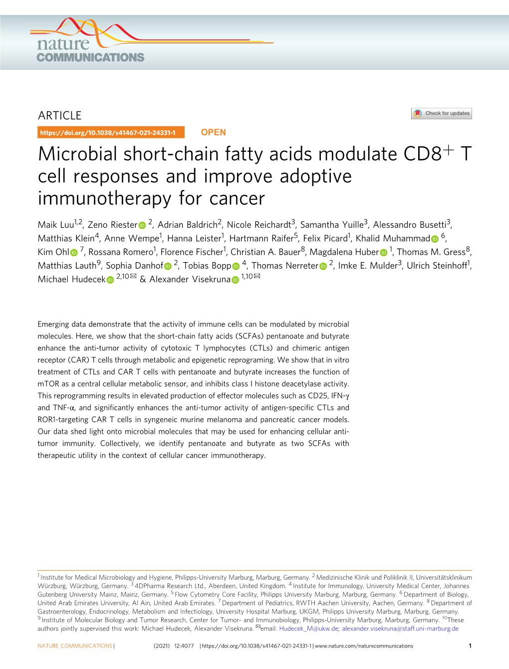 Microbial Short-Chain Fatty Acids Modulate CD8+ T Cell Responses and Improve Adoptive Immunotherapy for Cancer