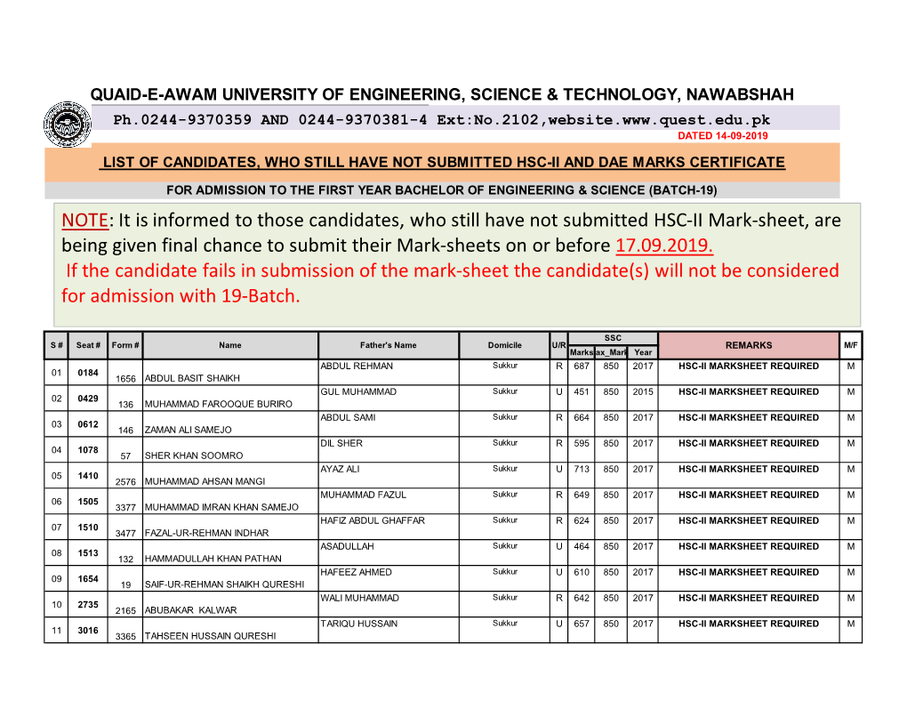 It Is Informed to Those Candidates, Who Still Have Not Submitted HSC-II Mark-Sheet, Are Being Given Final Chance to Submit Their Mark-Sheets on Or Before 17.09.2019